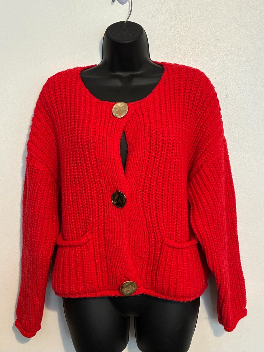 Sunday Up Women's Bright Red Chunky Button Cardigan Sweater